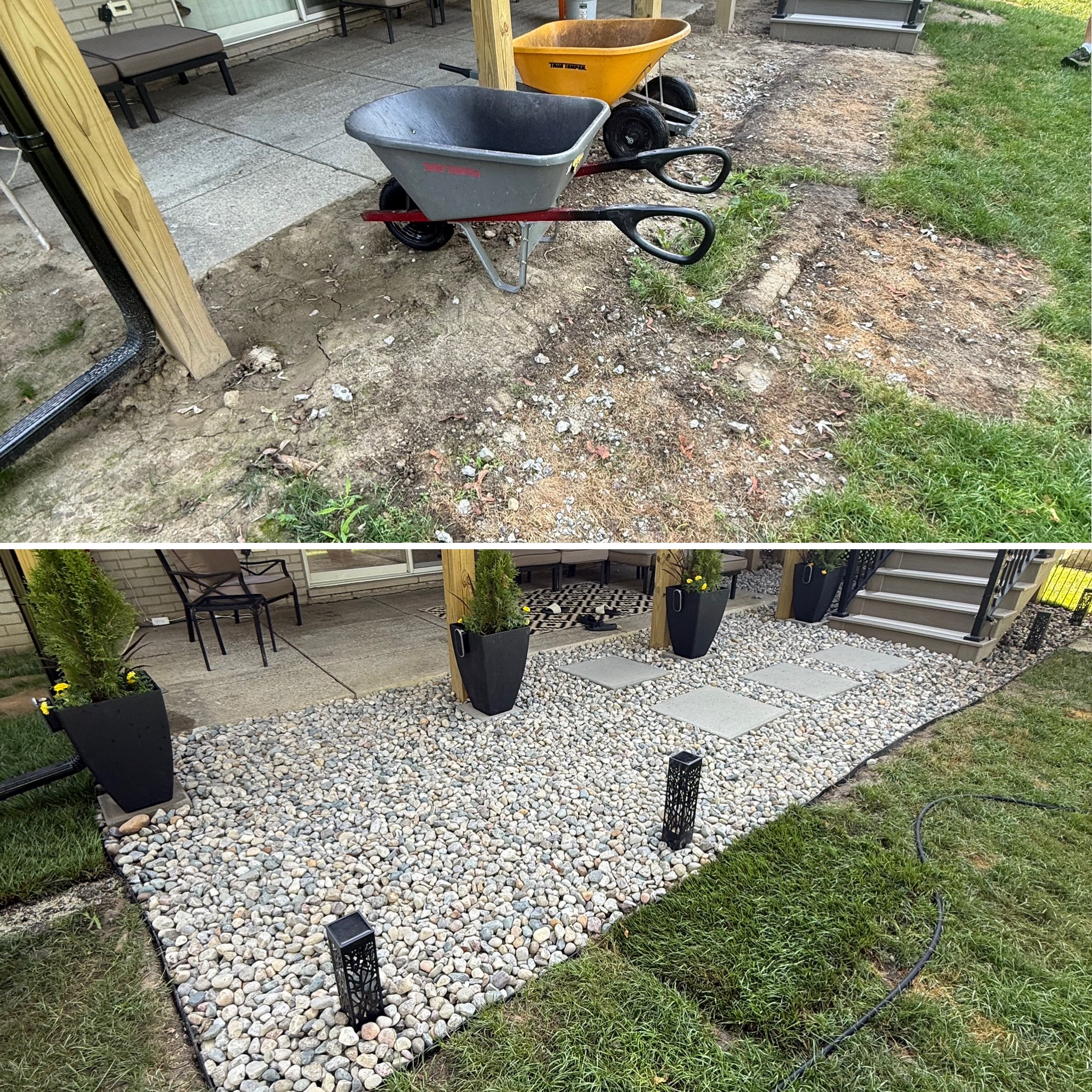Dead front yard bed redesigned with mulch and plantings